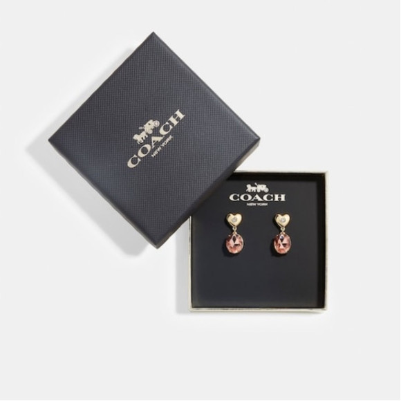 COACH Heart Drop Earrings  Cubic Zirconia, Glass Pink Gold Earrings NEW - Picture 1 of 4
